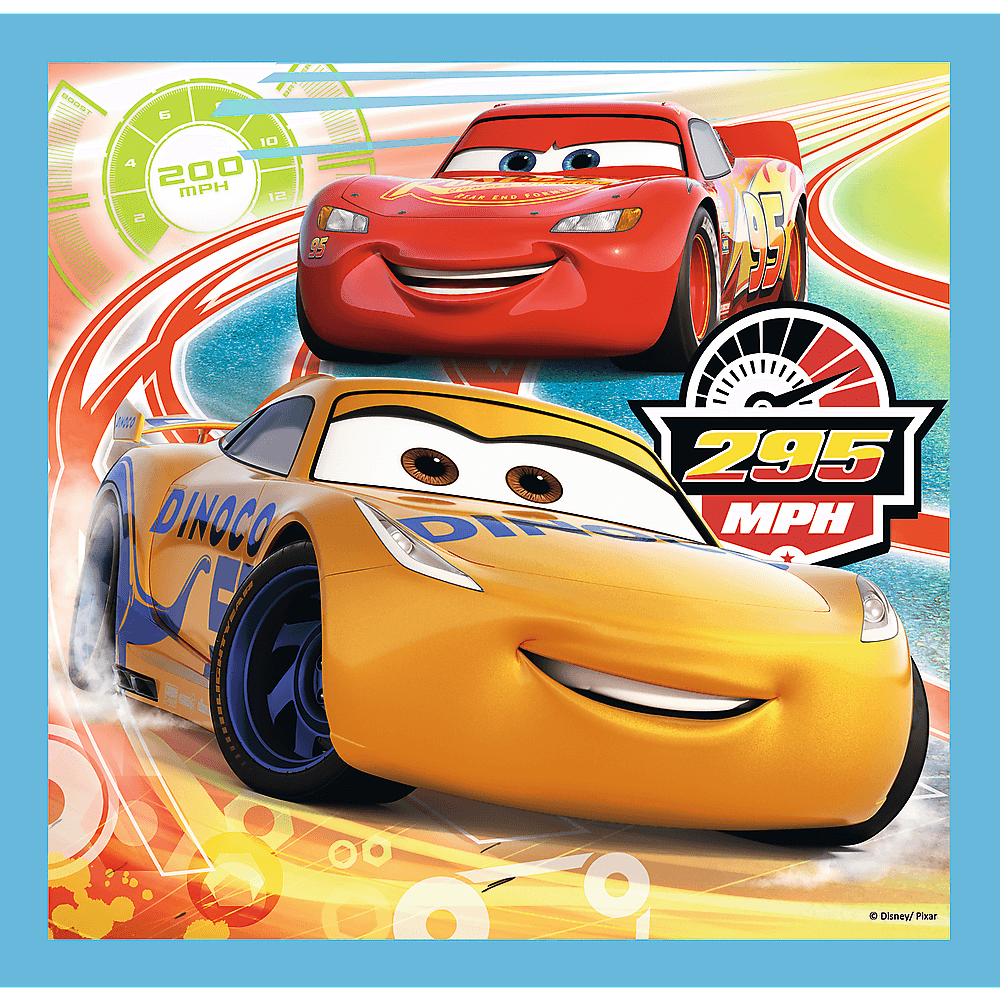 Set puzzle 3 in 1 Trefl Disney Cars, Pregatiri pentru cursa, 1x20 piese, 1x36 piese, 1x50 piese