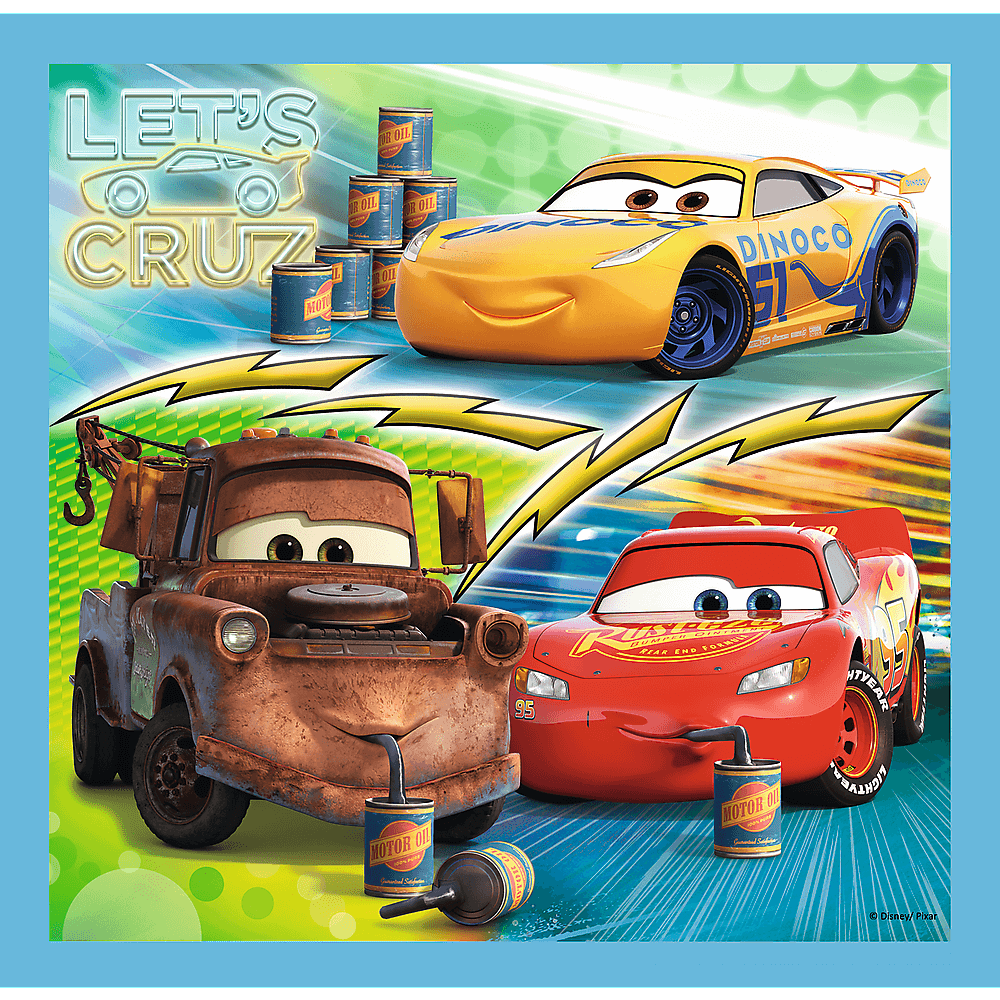 Set puzzle 3 in 1 Trefl Disney Cars, Pregatiri pentru cursa, 1x20 piese, 1x36 piese, 1x50 piese