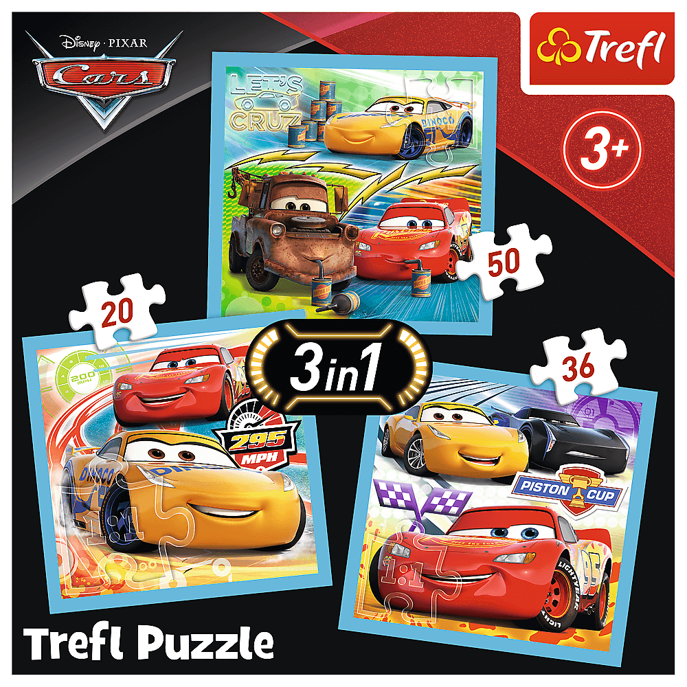 Set puzzle 3 in 1 Trefl Disney Cars, Pregatiri pentru cursa, 1x20 piese, 1x36 piese, 1x50 piese