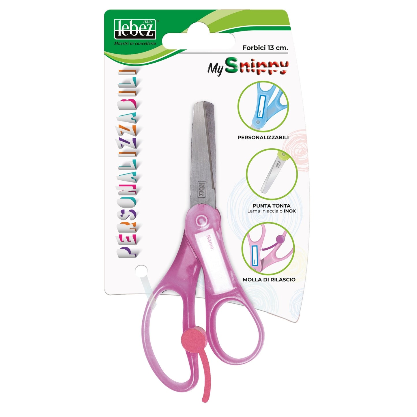 Foarfeca cu retur, 13 cm si placuta personalizabila (blister)