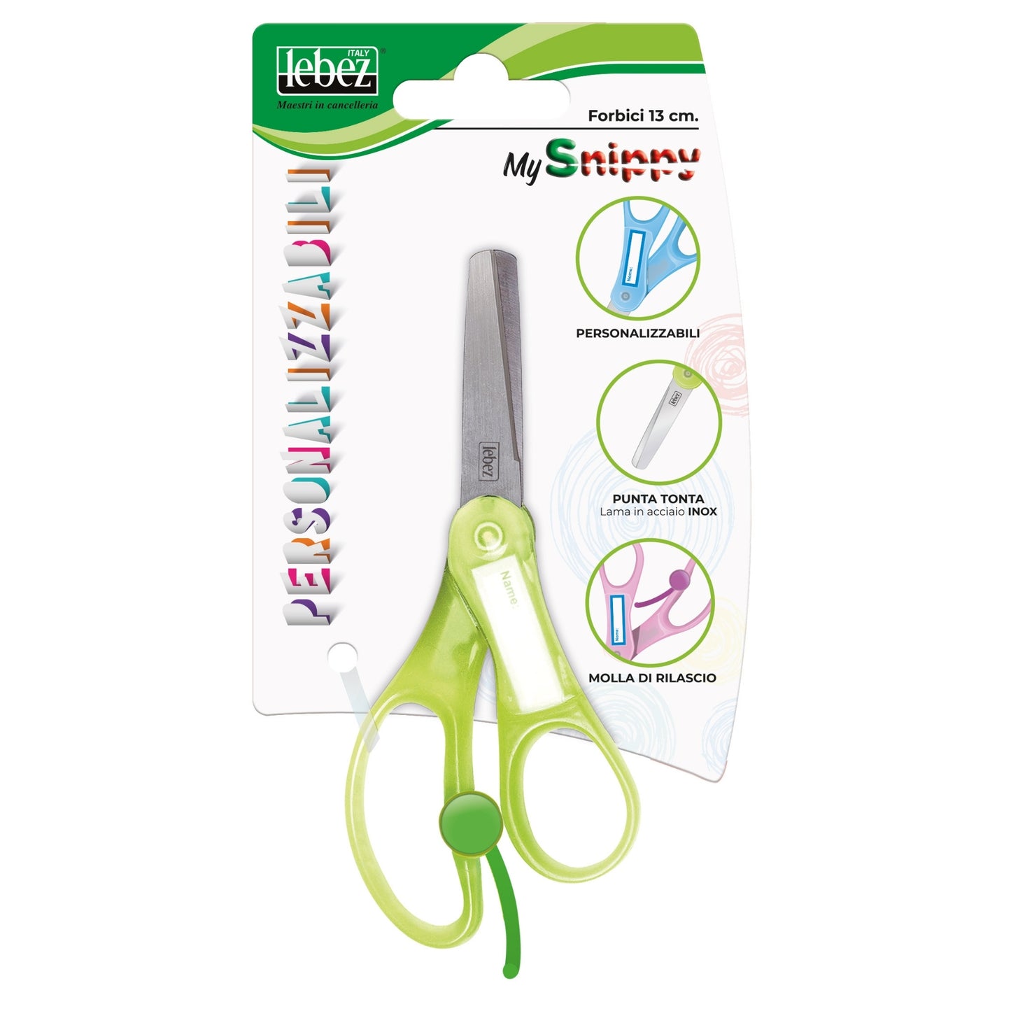 Foarfeca cu retur, 13 cm si placuta personalizabila (blister)
