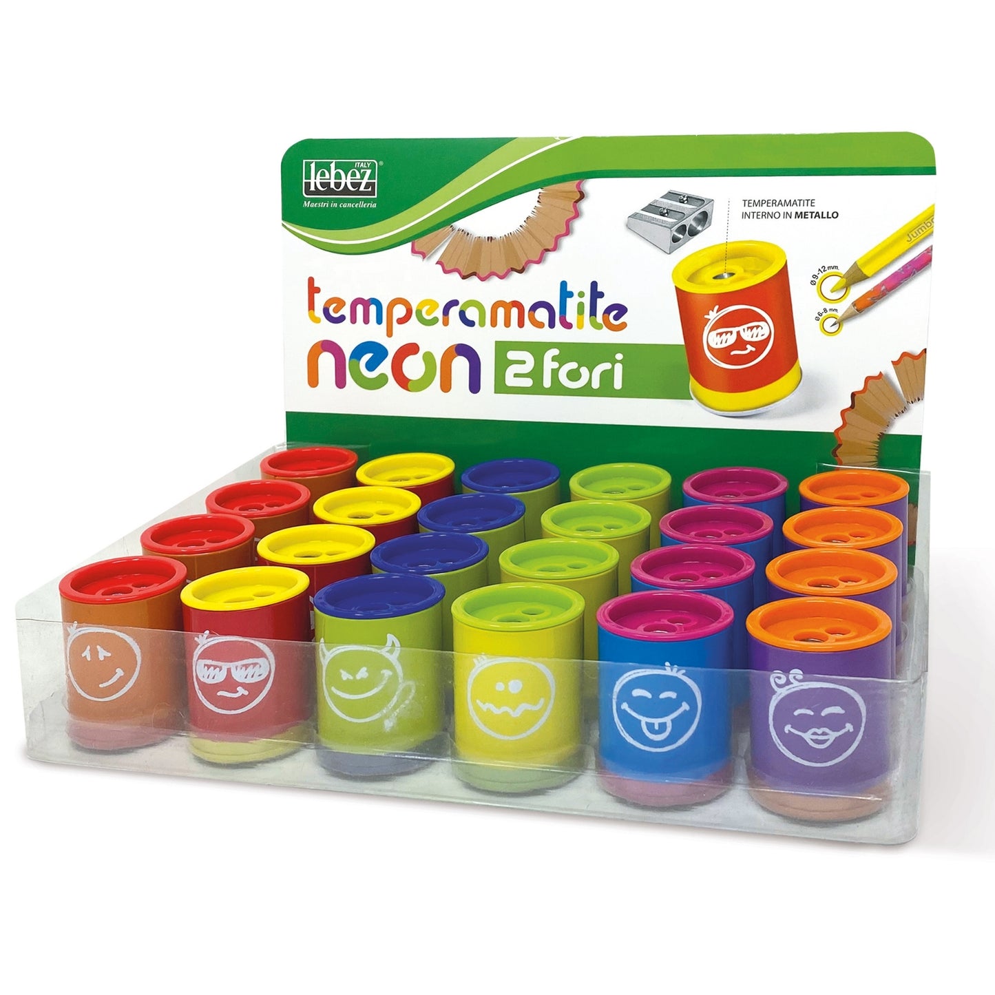 Ascutitoare de creion cu 2 gauri si container Neon, 6 modele (24 buc/display)