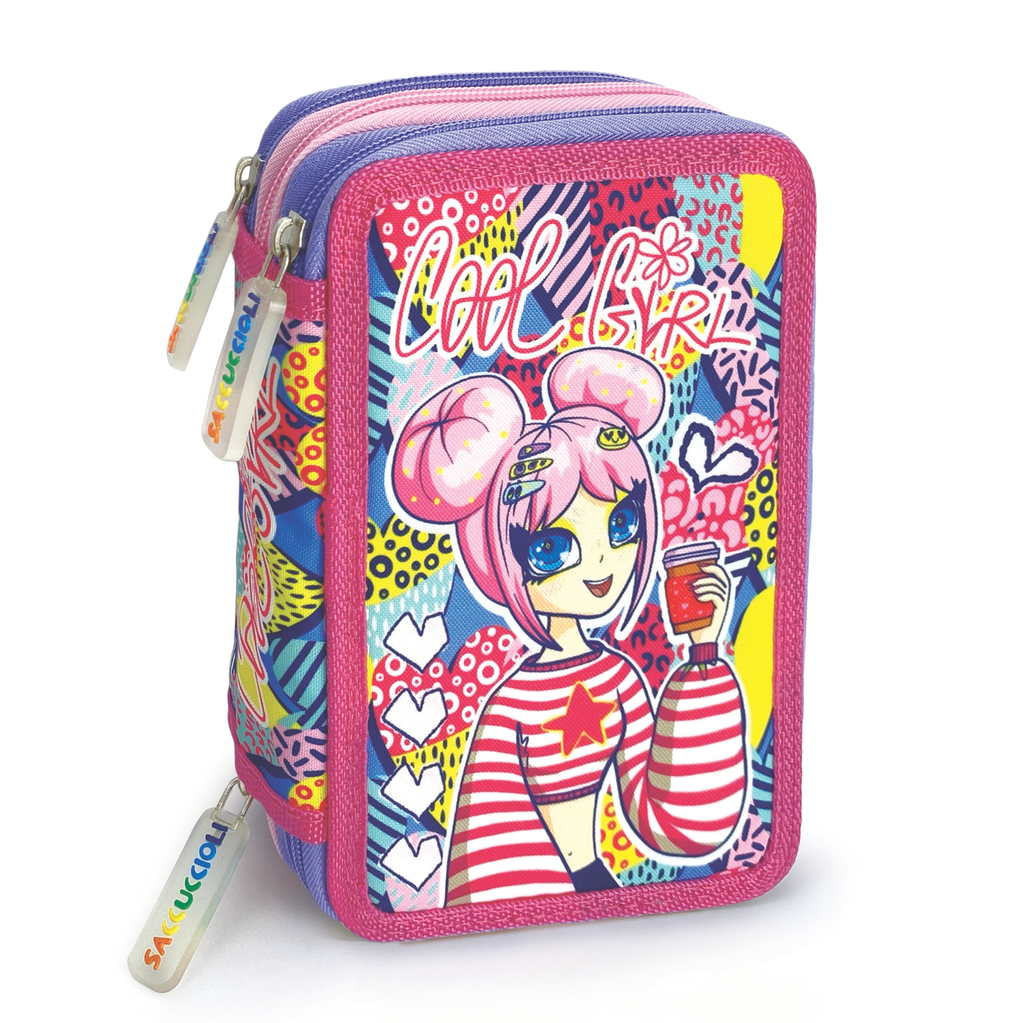 Penar echipat - Colectia pentru fete cu 3 fermoare (18 markere si 18 creioane colorate) - 13 x 20 x 6.5 cm (12buc/display)
