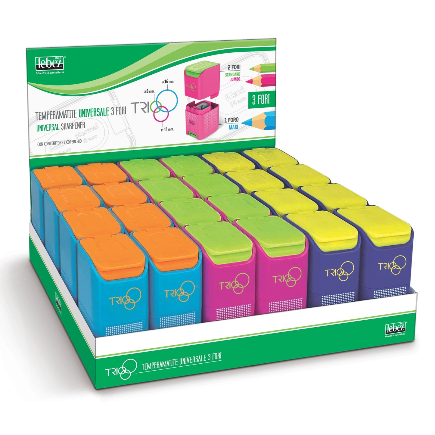 Ascutitoare de creion cu 3 gauri, Trio, cu container, 3 culori (24 buc/display)