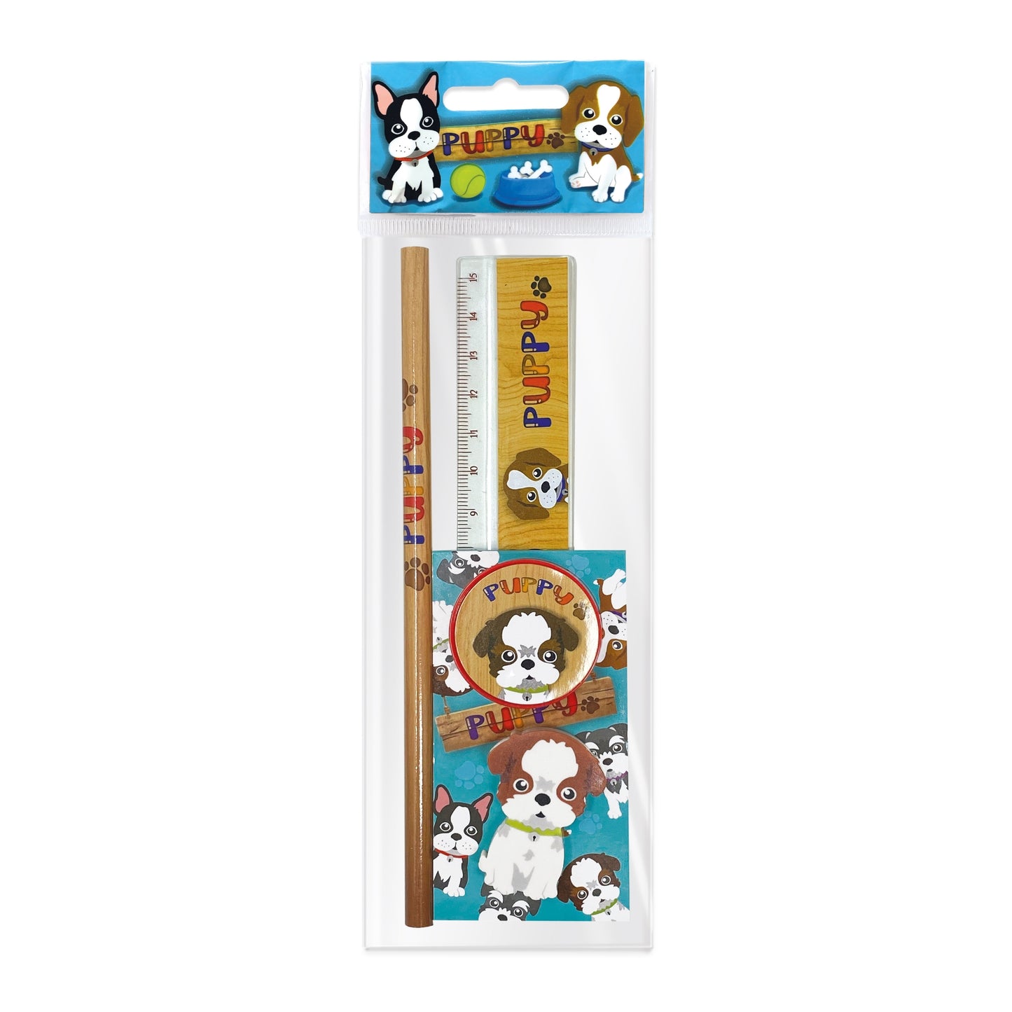 Set scolar Puppy (1 radiera, 1 ascutitoare, 1 rigla de 15 cm, 1 creion, 1 mini blocnotes)