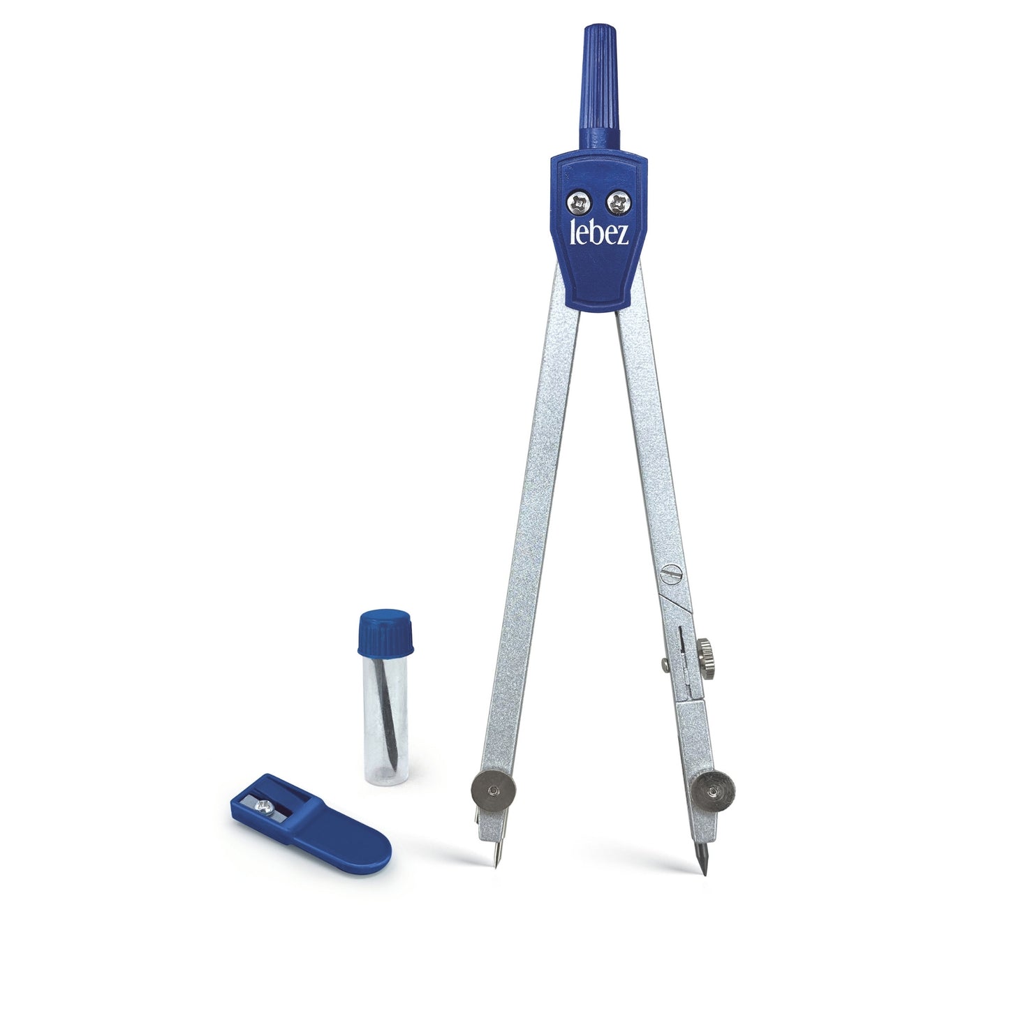 Trusa compas scolar din metal satinat cu deschidere rack, cu 3 accesorii (blister)