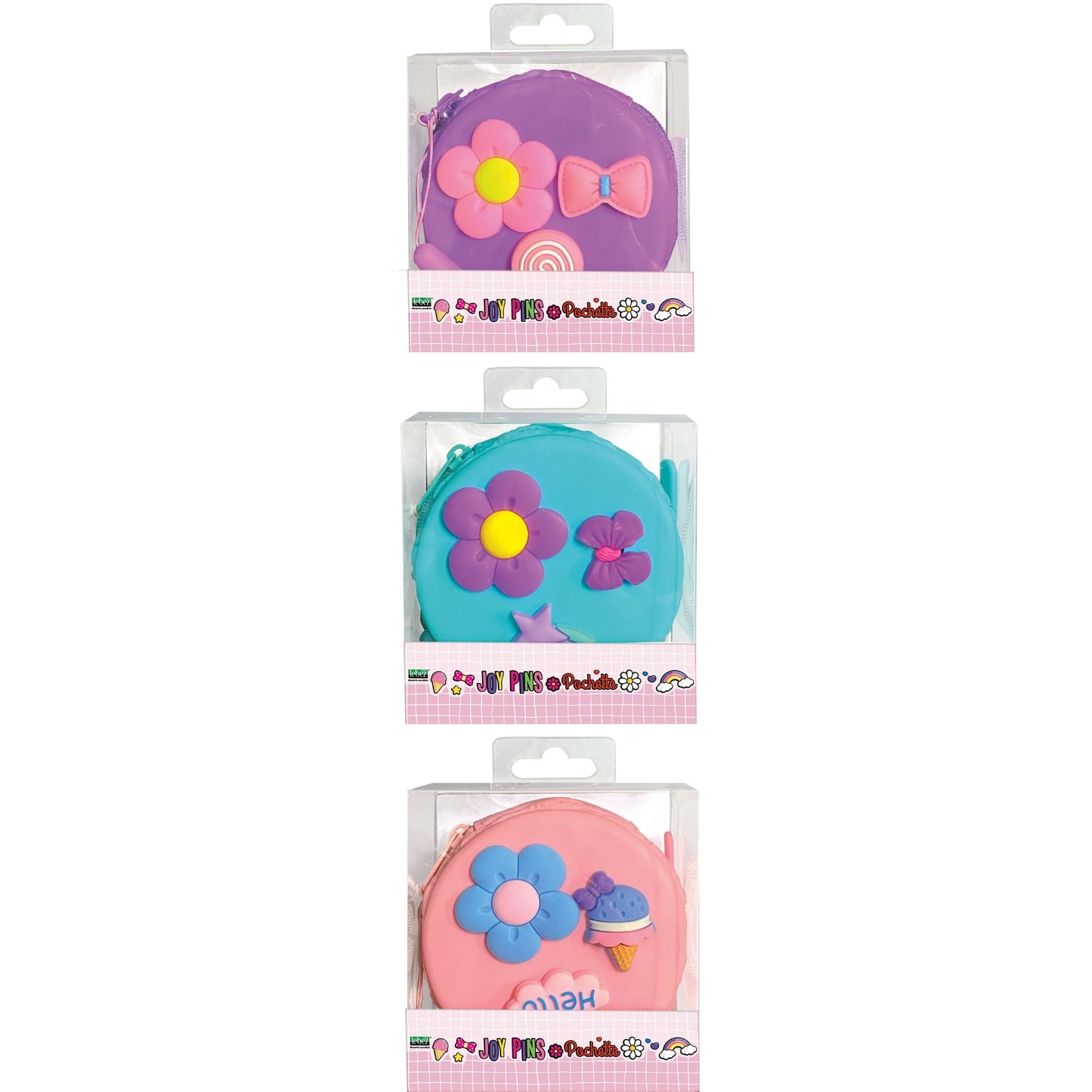 Mini geanta Joy Pins din silicon, cu fermoar si snur - ø 7.5 x 4 cm (12 buc/display)