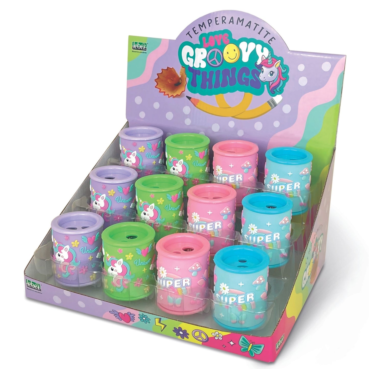 Ascutitoare de creion cu 2 gauri si container cu detalii tridimensionale Cute, 4 modele (12 buc/display)