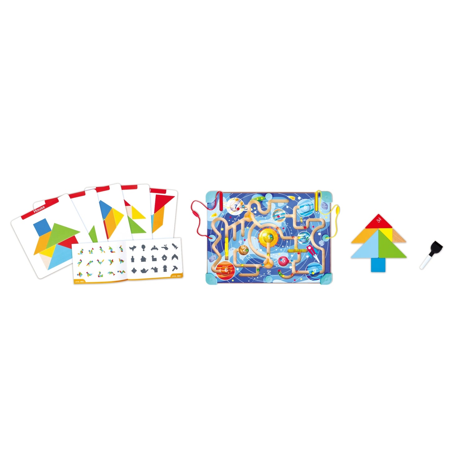 Jucarie din lemn - 2 in 1 Space Maze & Tangram Board