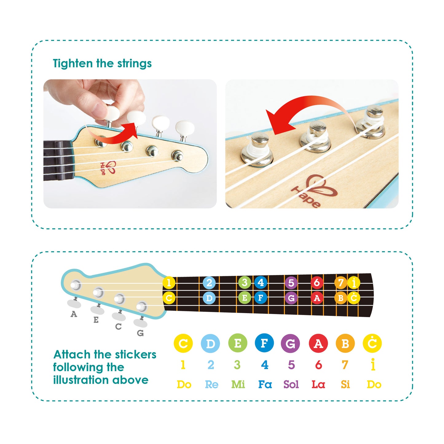 Jucarie din lemn – Instrument Ukulele (chitara) alba copii – invata sa canti cu lumini