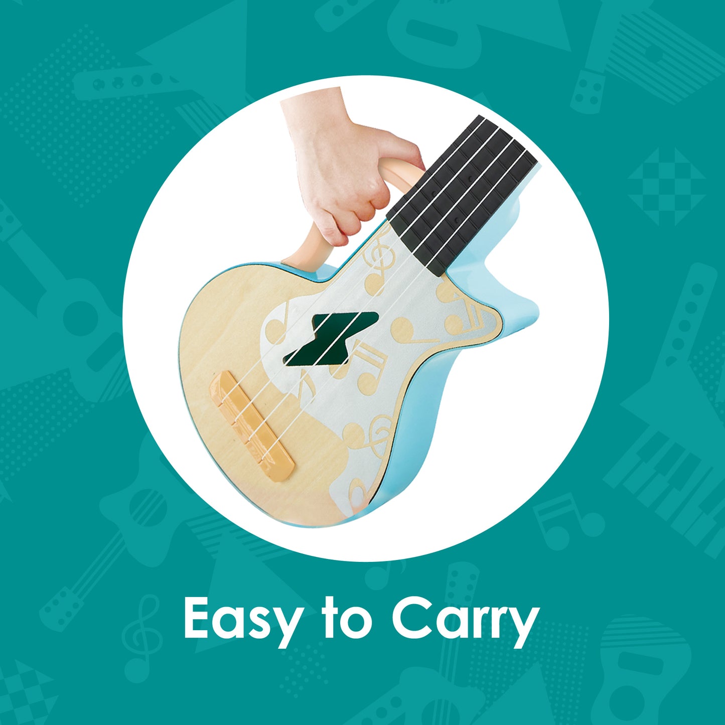 Jucarie din lemn – Instrument Ukulele (chitara) alba copii – invata sa canti cu lumini
