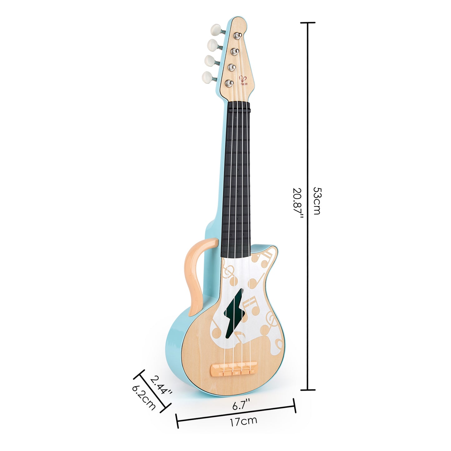 Jucarie din lemn – Instrument Ukulele (chitara) alba copii – invata sa canti cu lumini