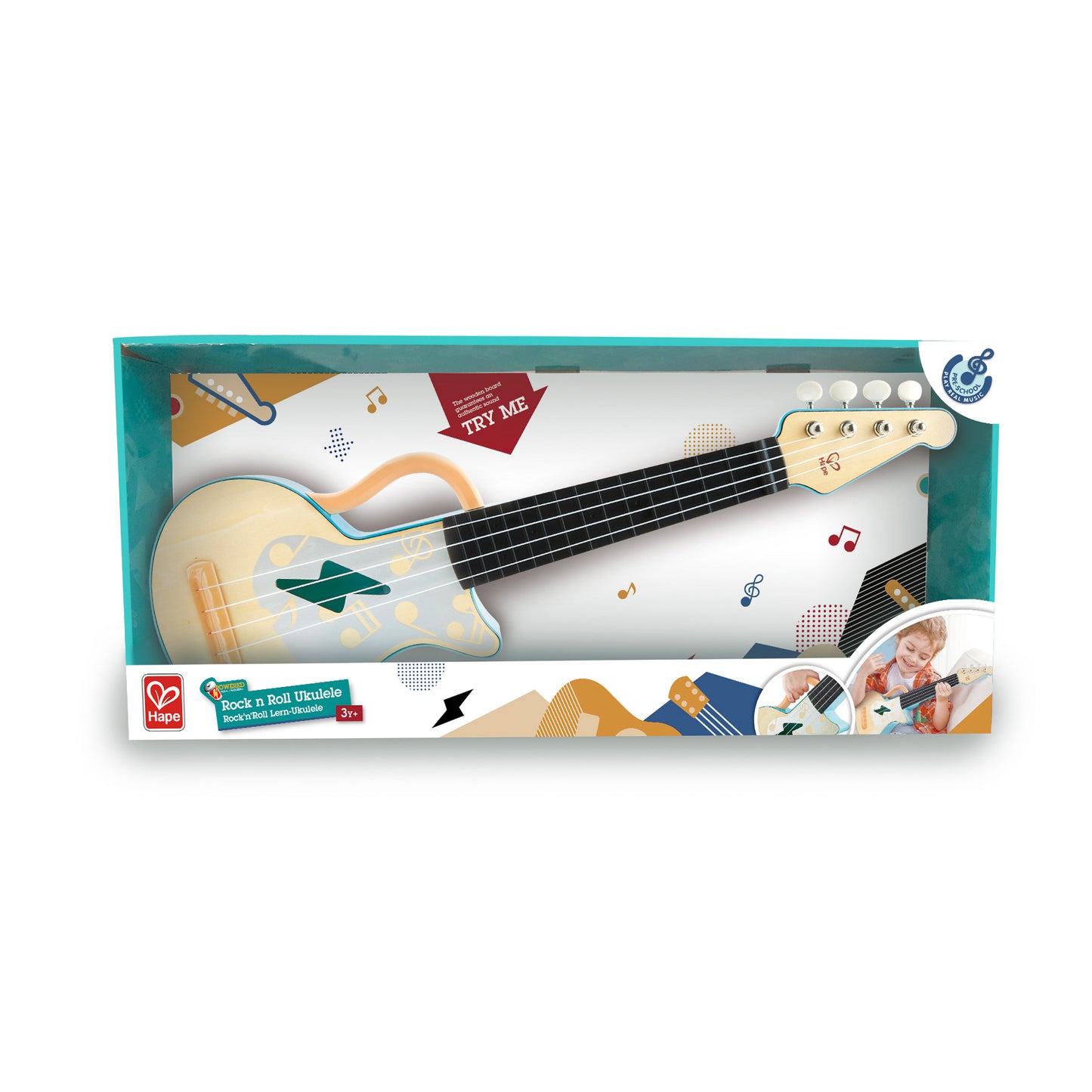 Jucarie din lemn – Instrument Ukulele (chitara) alba copii – invata sa canti cu lumini