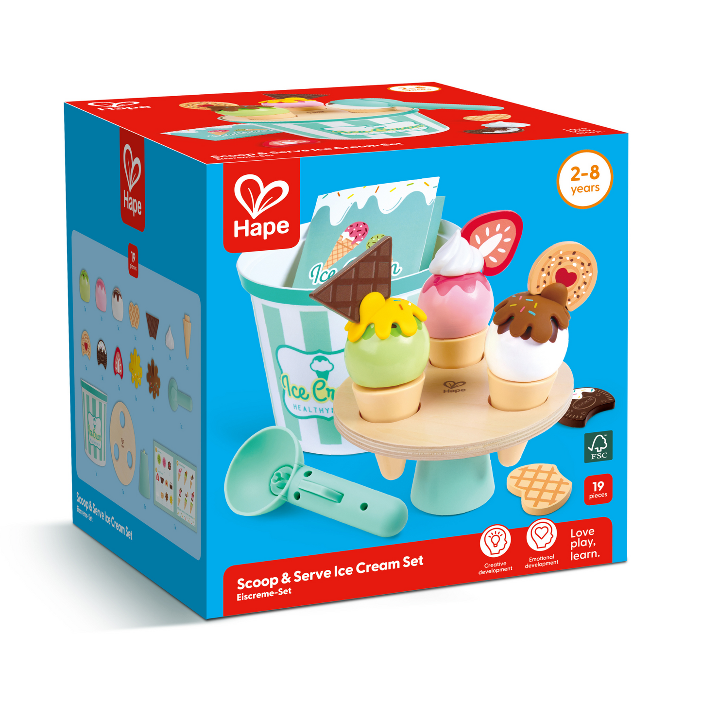 Jucarie din lemn - Set de inghetata pentru scoatere si servire (19 piese)