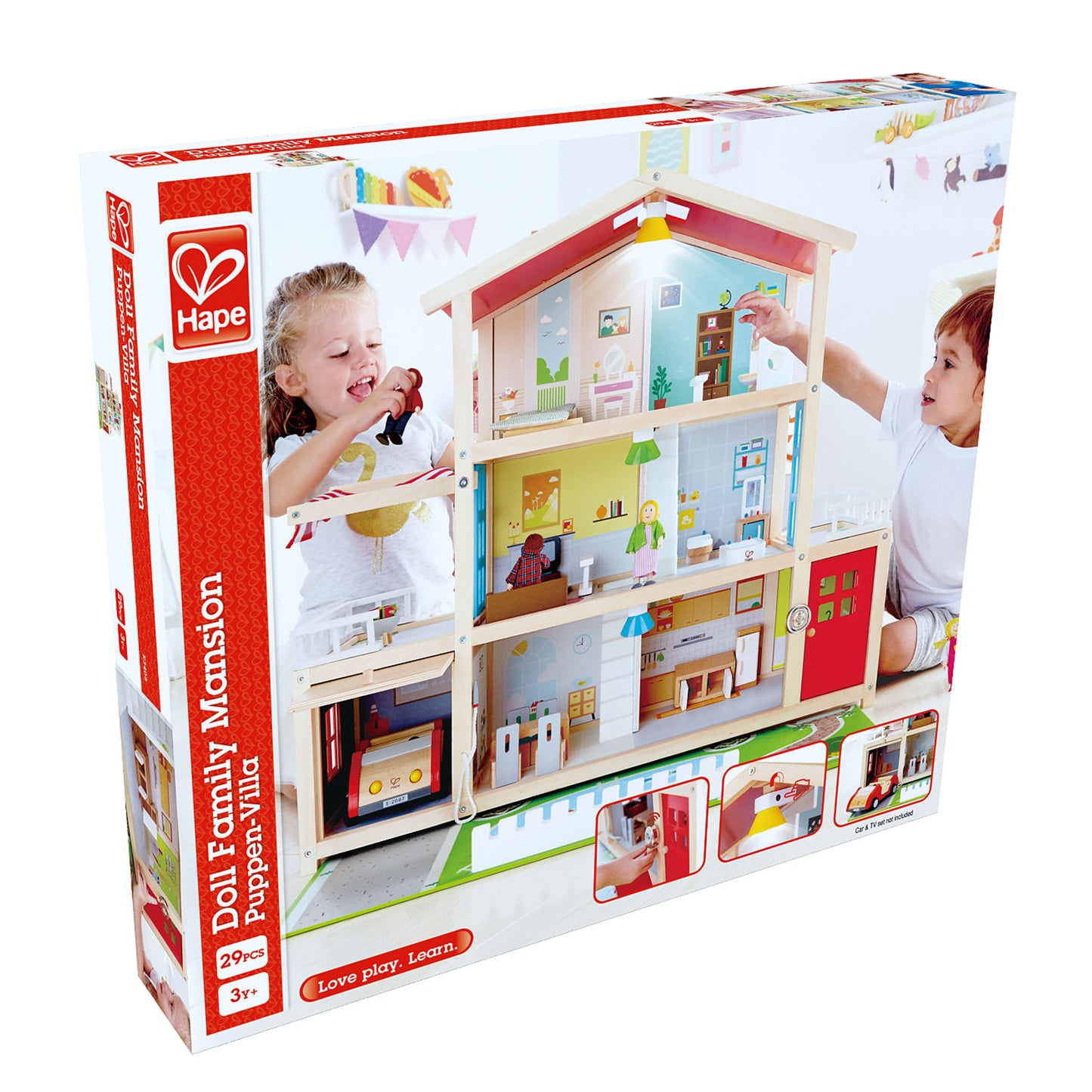 Jucarie din lemn - Casa de papusi mobilata tip vila (29 piese)