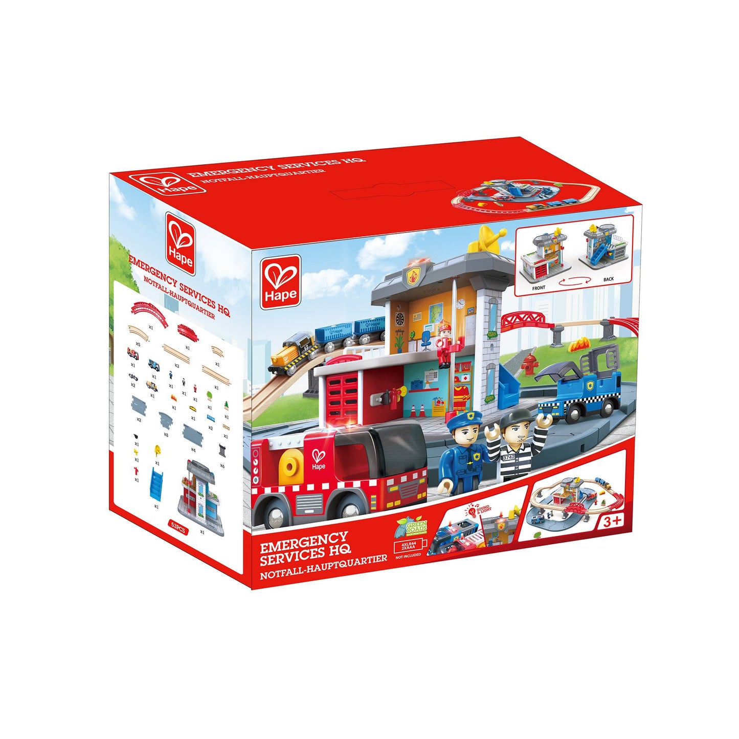 Jucarie din lemn - Set tren si servicii de urgenta (55 piese)