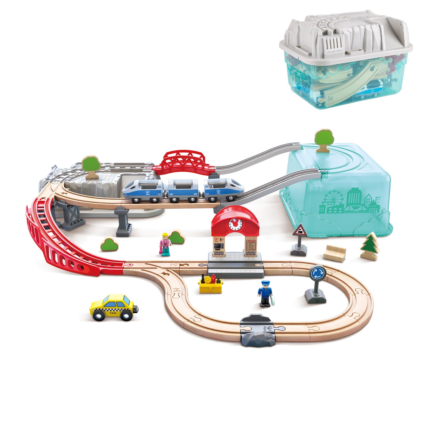 Jucarie din lemn - Set tren oras (48 piese)