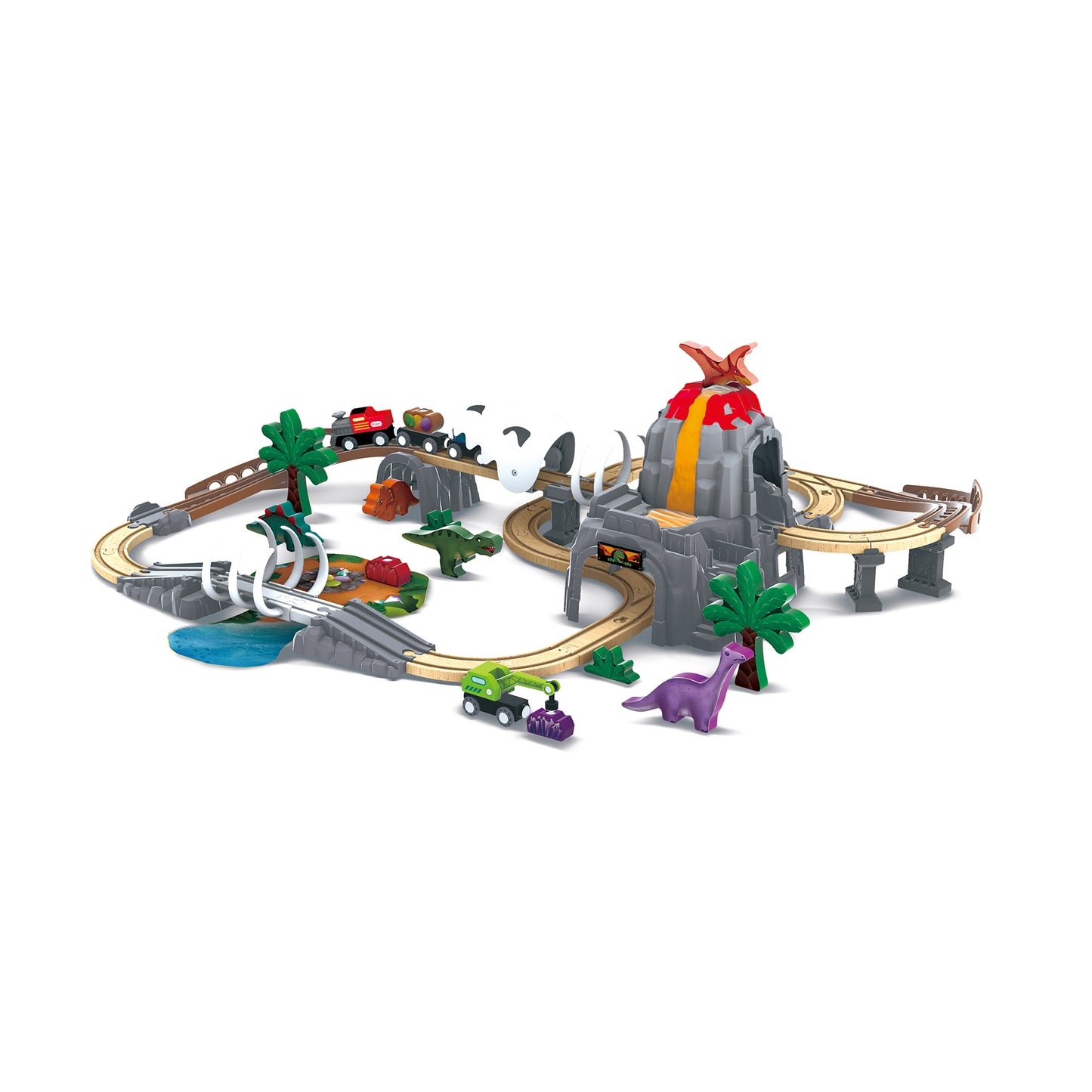 Jucarie din lemn - Tren de jucarie aventură Dino (61 piese)