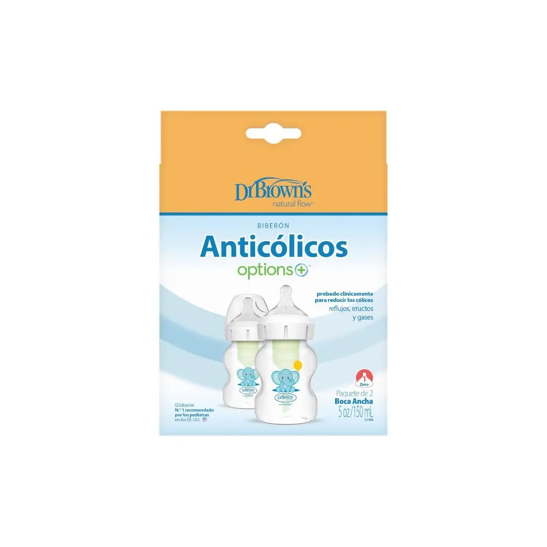 Biberon Anti-Colici cu Gat Larg PP,150 ml. "Options Plus" Design, (2 pack)