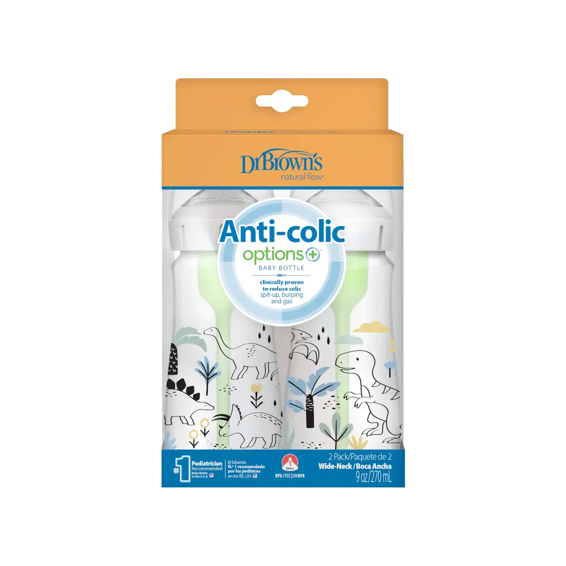 Biberon Anti-Colici cu Gat Larg PP, 270 ml. "Options Plus" design baieti (BPA free) (2 pack)