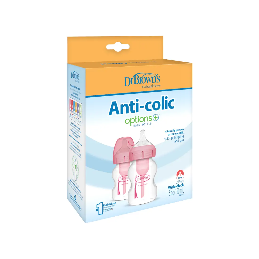 Pachet biberoane Anti-colici cu Gat Larg PP,150 ml. "Options Plus", ROZ (2 pack)