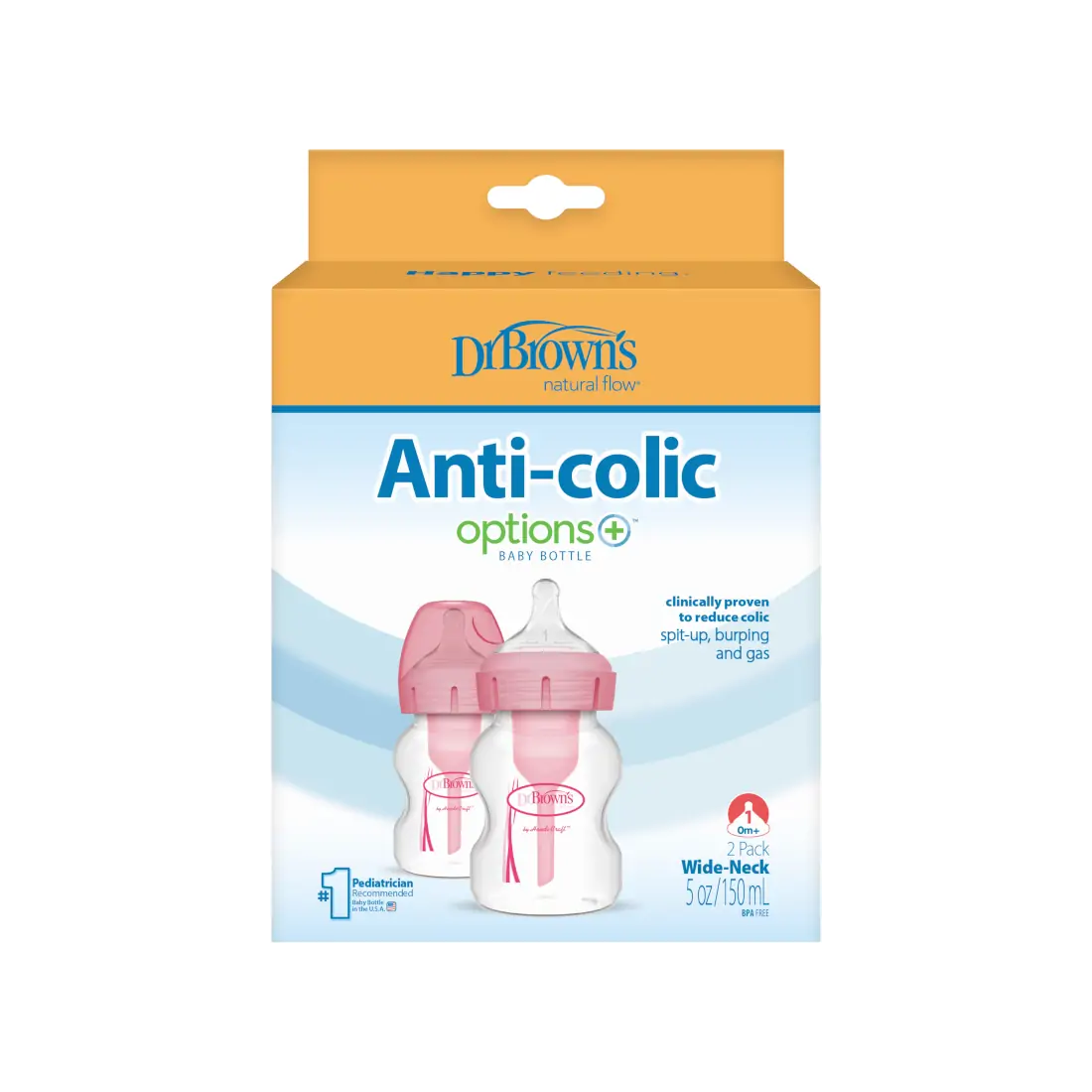 Pachet biberoane Anti-colici cu Gat Larg PP,150 ml. "Options Plus", ROZ (2 pack)