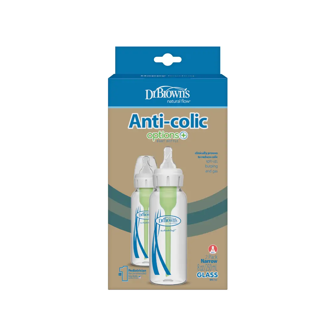Pachet biberoane Anti-Colici din sticla cu Gat Ingust „Options +â€ï¿½ 250 ml. (2pack)