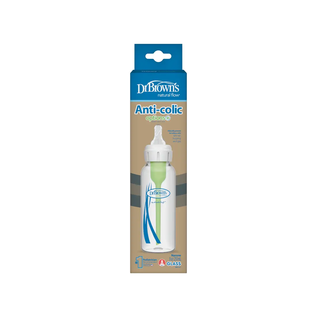 Biberon Anti-Colici din sticla cu Gat Ingust „Options +”� 250 ml.