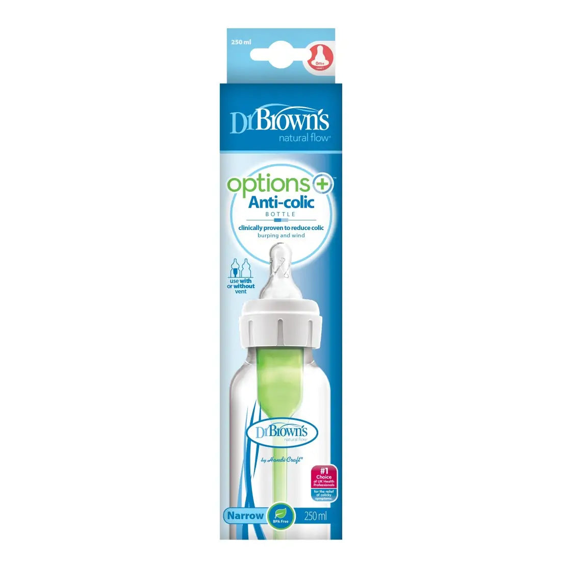 Biberon din plastic Anti-Colici cu Gat Ingust, 250 ml. "Options + "