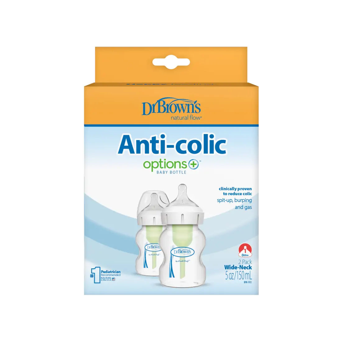 Pachet biberoane din plastic, Anti-Colici cu Gat Larg, 150 ml. "Options Plus" (2 pack)