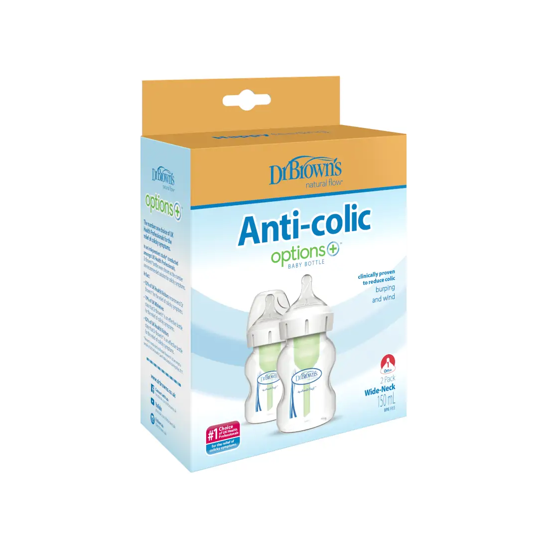 Pachet biberoane din plastic, Anti-Colici cu Gat Larg, 150 ml. "Options Plus" (2 pack)