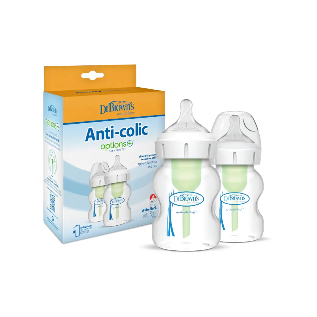 Pachet biberoane din plastic, Anti-Colici cu Gat Larg, 150 ml. "Options Plus" (2 pack)