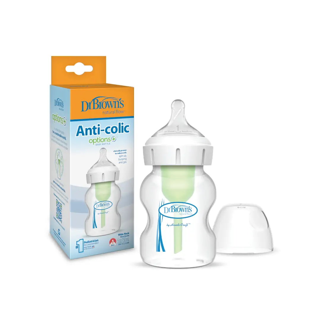 Biberon din plastic, Anti-Colici cu Gat Larg, 150 ml. "Options Plus", cu tetina nivel 1 (0-3 luni)