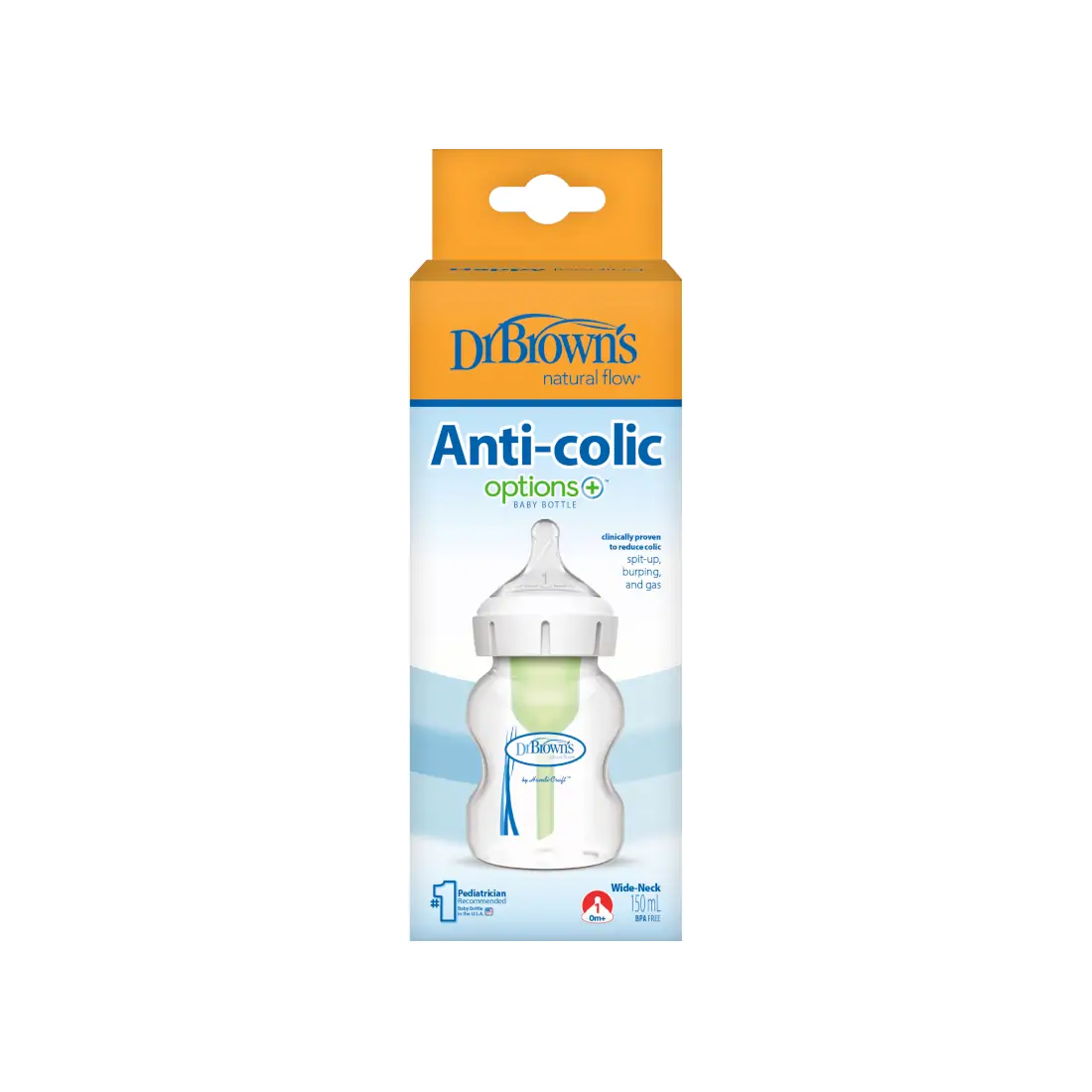 Biberon din plastic, Anti-Colici cu Gat Larg, 150 ml. "Options Plus", cu tetina nivel 1 (0-3 luni)
