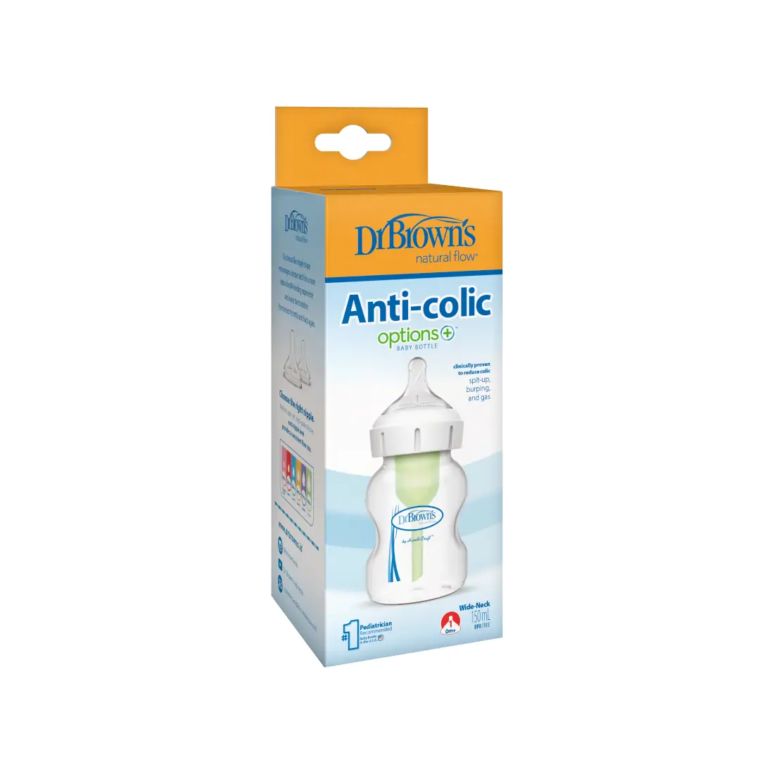 Biberon din plastic, Anti-Colici cu Gat Larg, 150 ml. "Options Plus", cu tetina nivel 1 (0-3 luni)