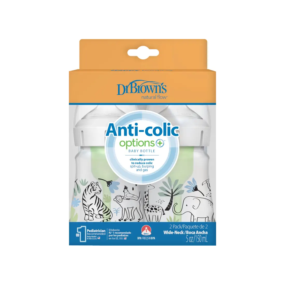 Biberon Anti-Colici cu Gat Larg PP, 150 ml. "Options Plus" design baieti (BPA free) (2 pack)