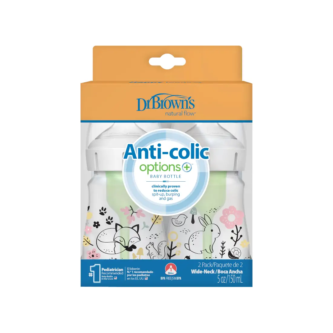 Biberon Anti-Colici cu Gat Larg PP, 150 ml. "Options Plus" design fetite (BPA free) (2 pack)