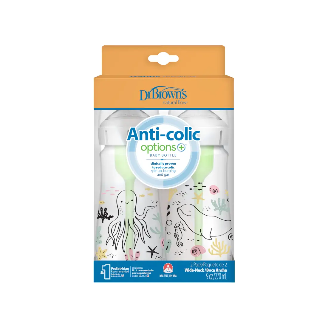 Biberon Anti-Colici cu Gat Larg PP, 270 ml. "Options Plus" design fetite (BPA free) (2 pack)
