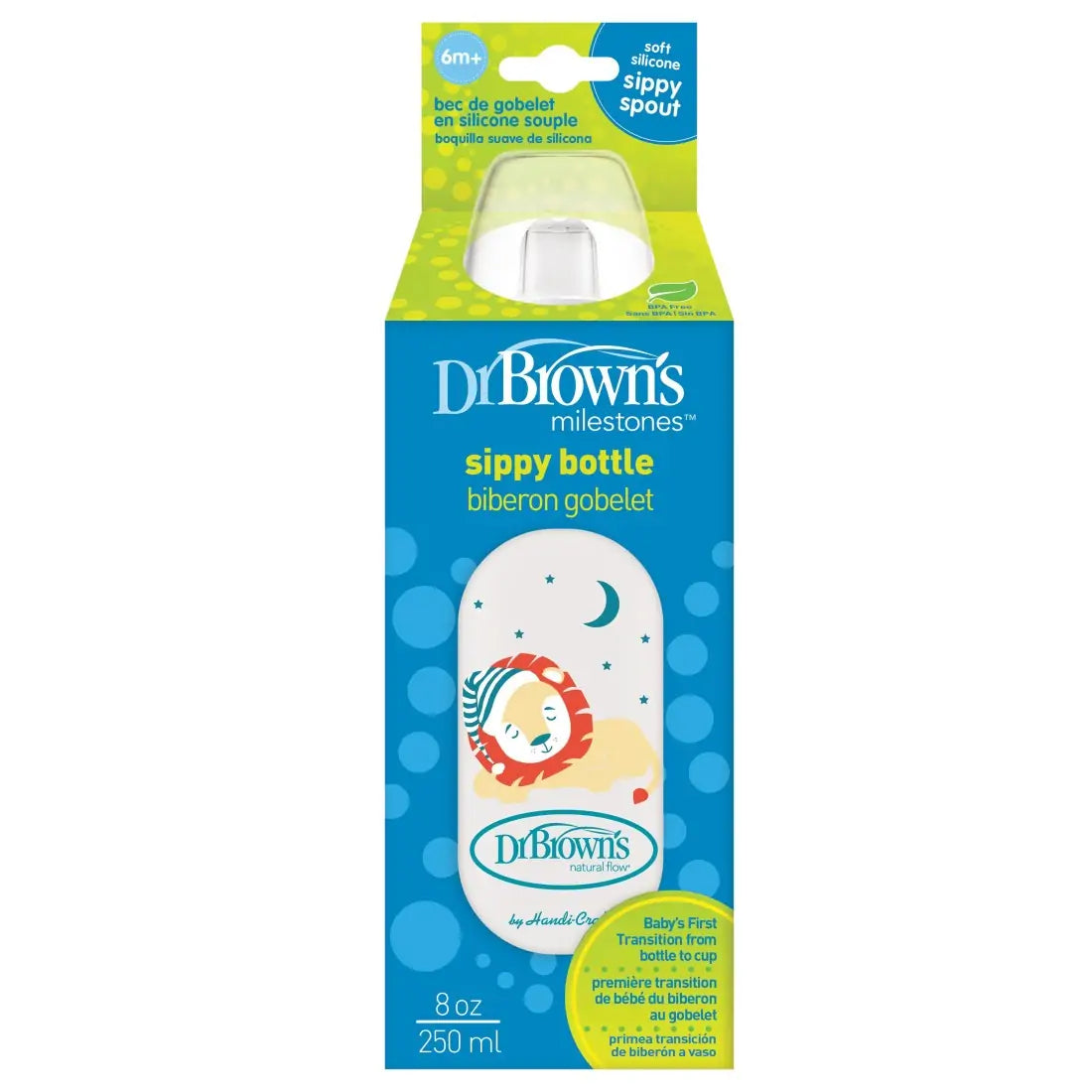 Biberon din plastic cu Gat Ingust, 250 ml., cu cioc ptr. inghitituri mici, Design Leu (BPA Free)