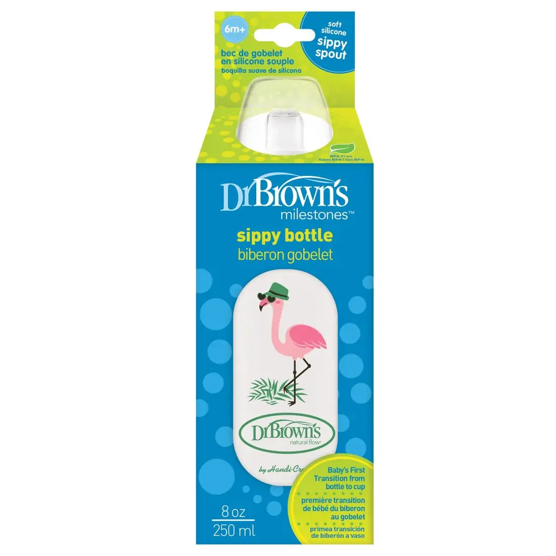 Biberon din plastic Gat Ingust, 250ml., cu cioc ptr. inghitituri mici, Design Flamingo (BPA Free)