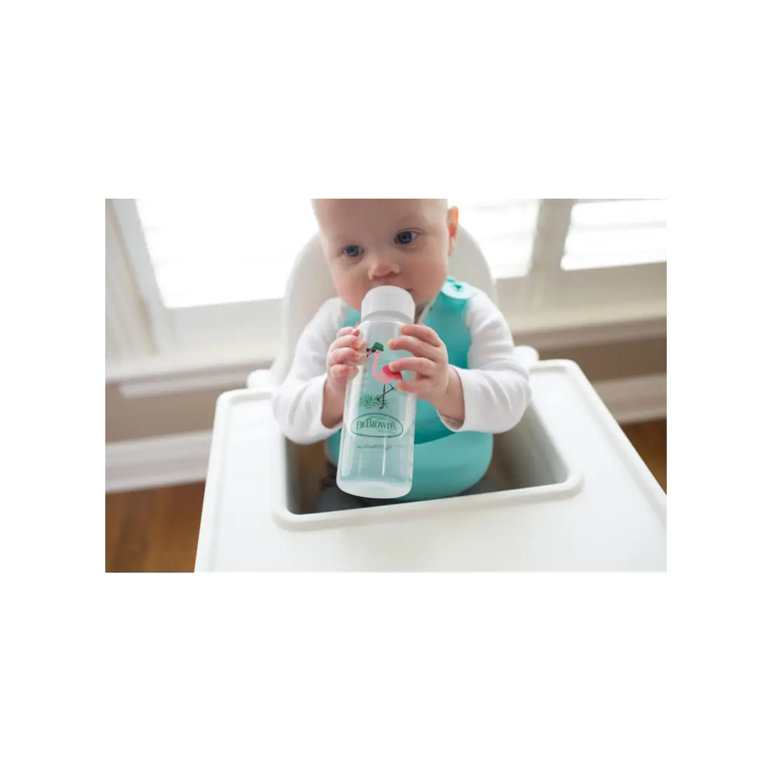 Biberon din plastic Gat Ingust, 250ml., cu cioc ptr. inghitituri mici, Design Flamingo (BPA Free)