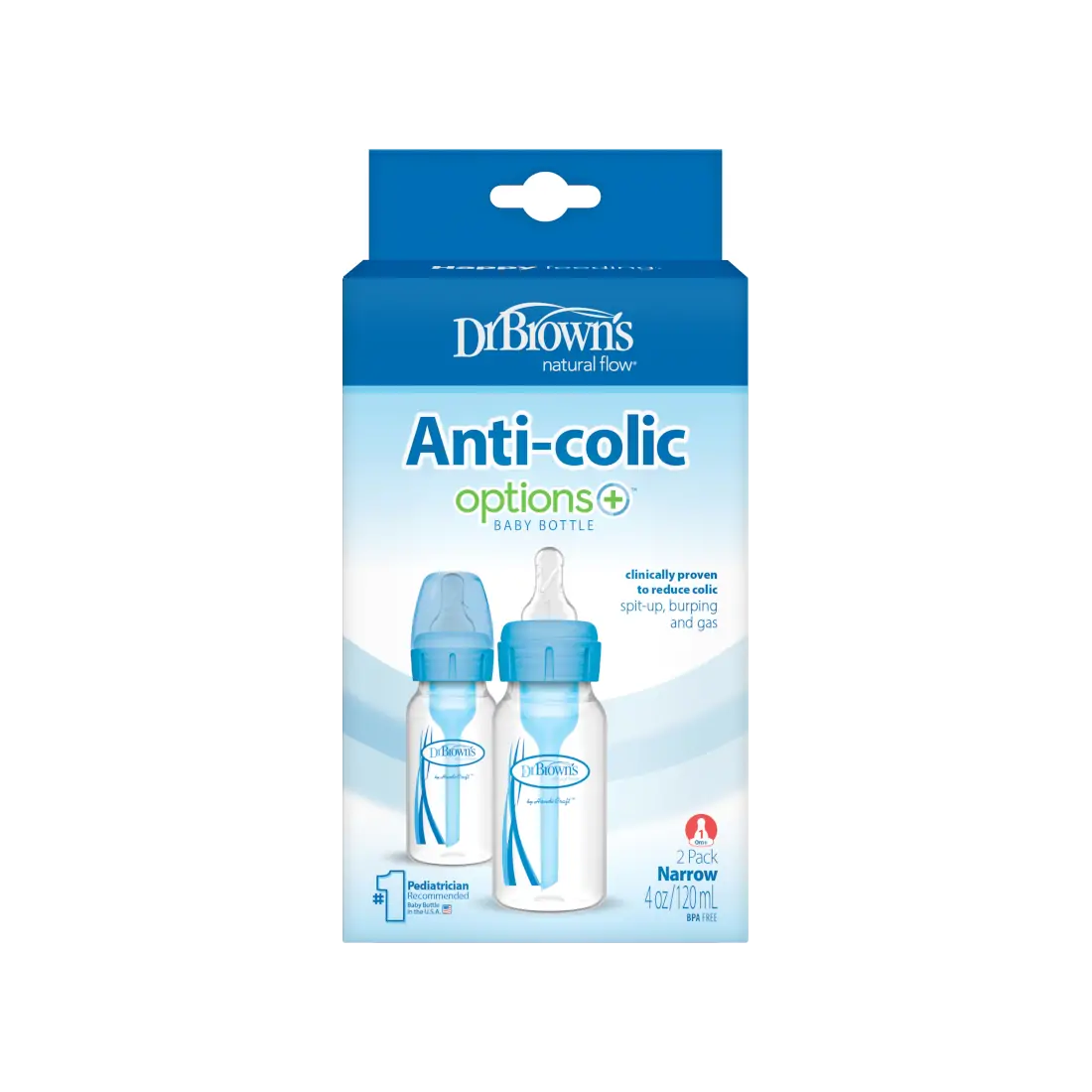 Pachet Biberoane din plastic, Anti-Colici cu Gat Ingust "Options Plus" 120 ml. (2 pack), Albastru