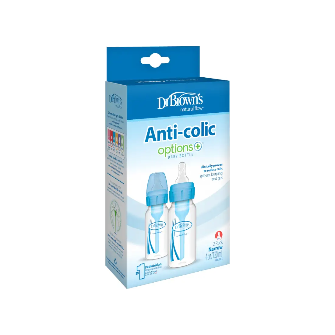 Pachet Biberoane din plastic, Anti-Colici cu Gat Ingust "Options Plus" 120 ml. (2 pack), Albastru