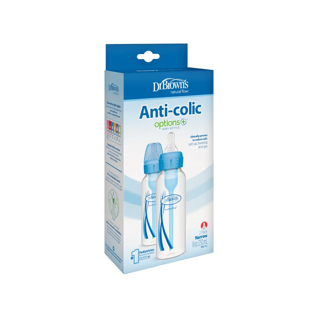Pachet Biberoane din plastic, Anti-Colici cu Gat Ingust "Options Plus" de 250 ml. (2-Pack) Albastru
