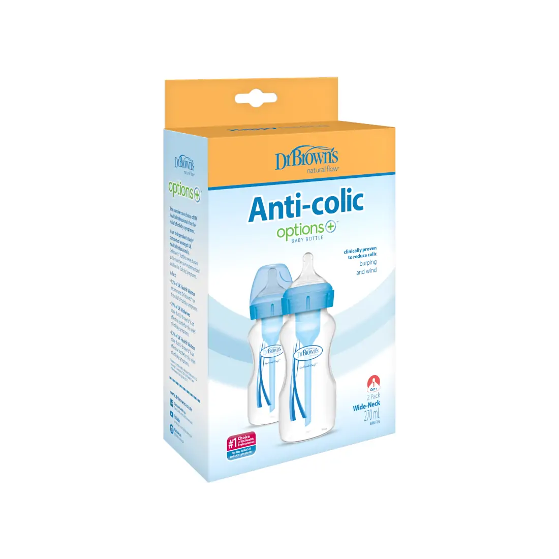 Pachet Biberoane din plastic, Anti-Colici Gat Larg "Options Plus" 270 ml. Albastru (2-Pack)