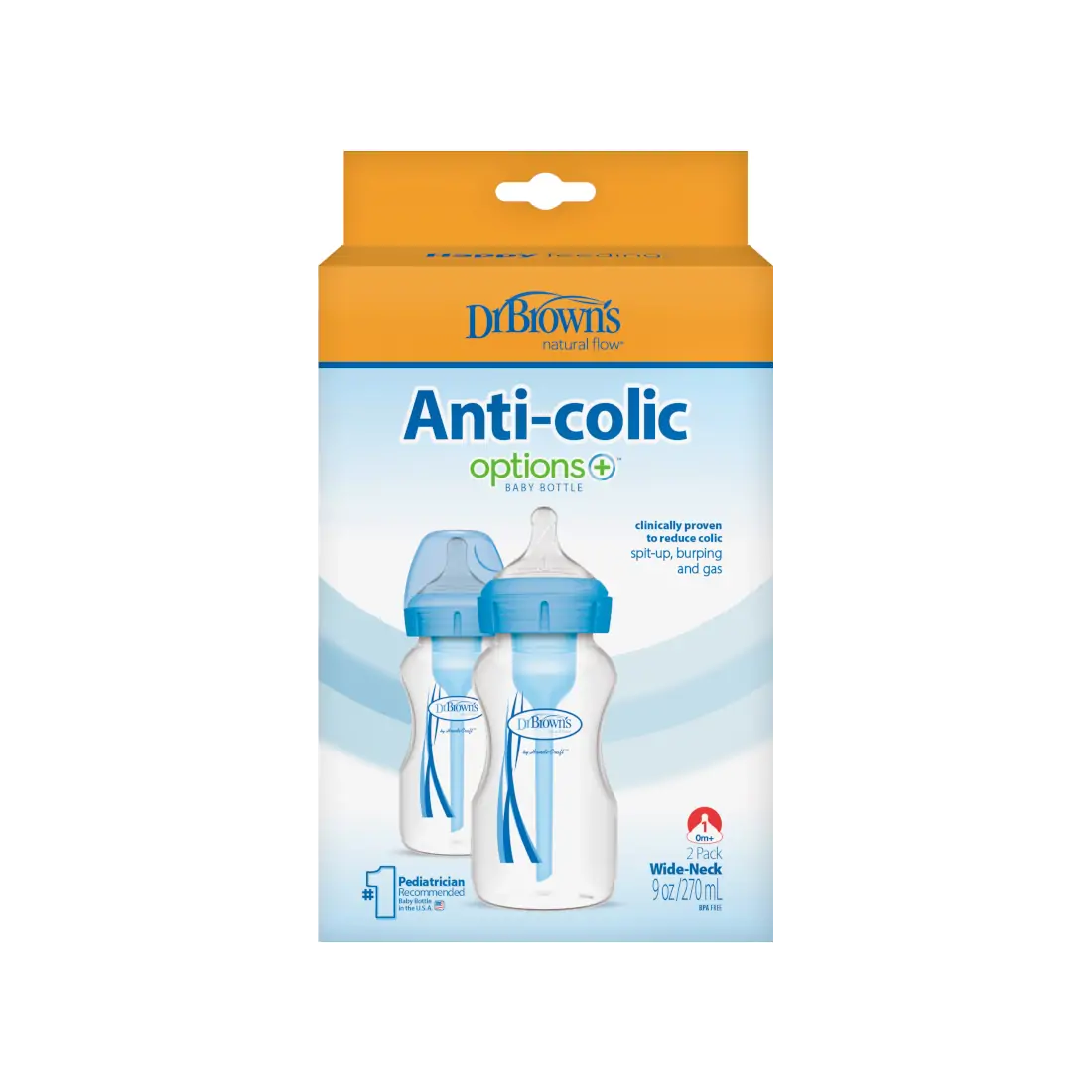 Pachet Biberoane din plastic, Anti-Colici Gat Larg "Options Plus" 270 ml. Albastru (2-Pack)