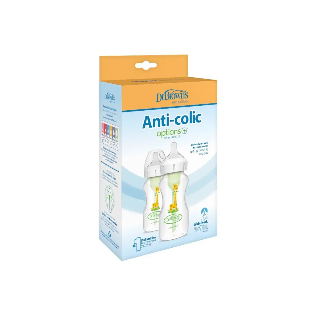 Pachet Biberoane Anti-Colici, Design, Gat Larg "Options Plus" PP, 270ml. cu tetina nivel doi, 2-Pack