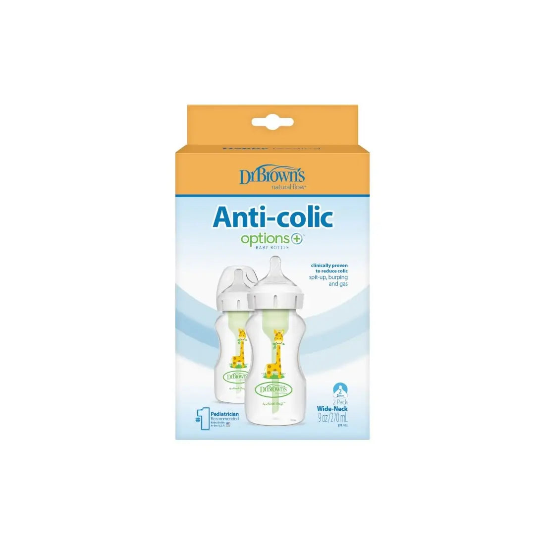 Pachet Biberoane Anti-Colici, Design, Gat Larg "Options Plus" PP, 270ml. cu tetina nivel doi, 2-Pack