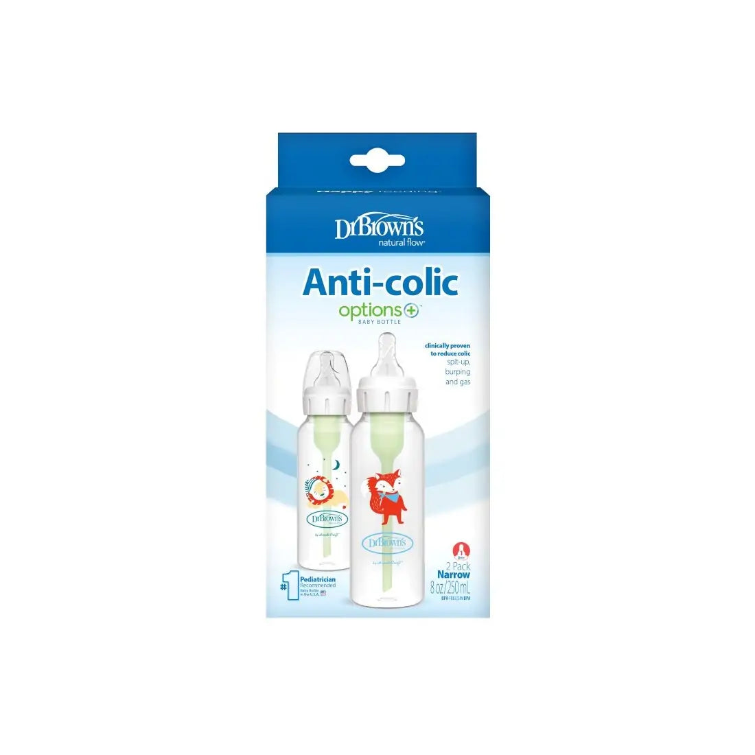 Pachet Biberoane Anti-Colici cu Gat Ingust, PP, 250 ml. ”Options Plus” � Design (2 pack), BPA Free