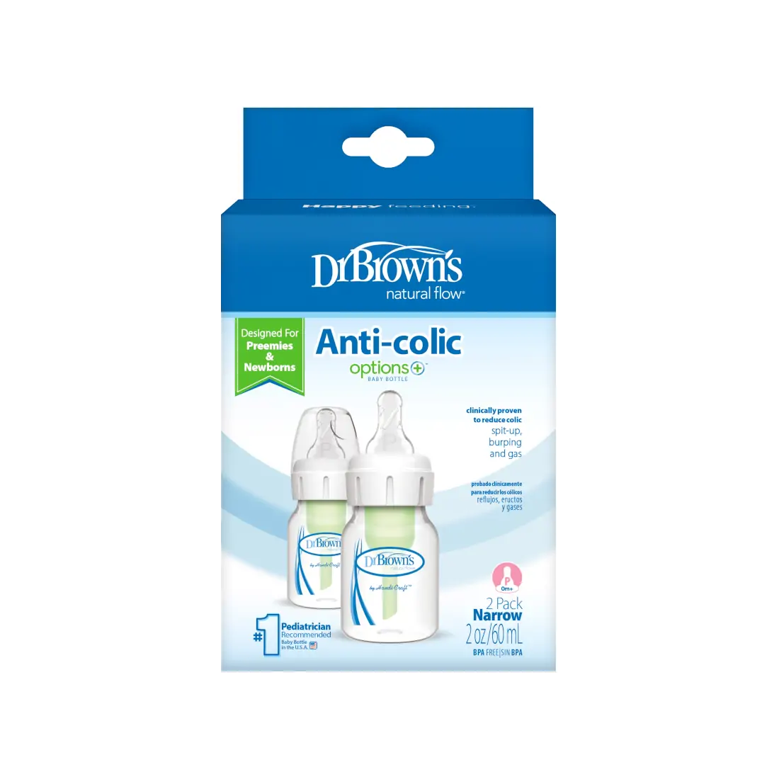 Pachet Biberoane din plastic, Anti-Colici cu Gat Ingust, 60 ml. â€Options Plus†� ptr. prematuri, (2 pack), BPA Free